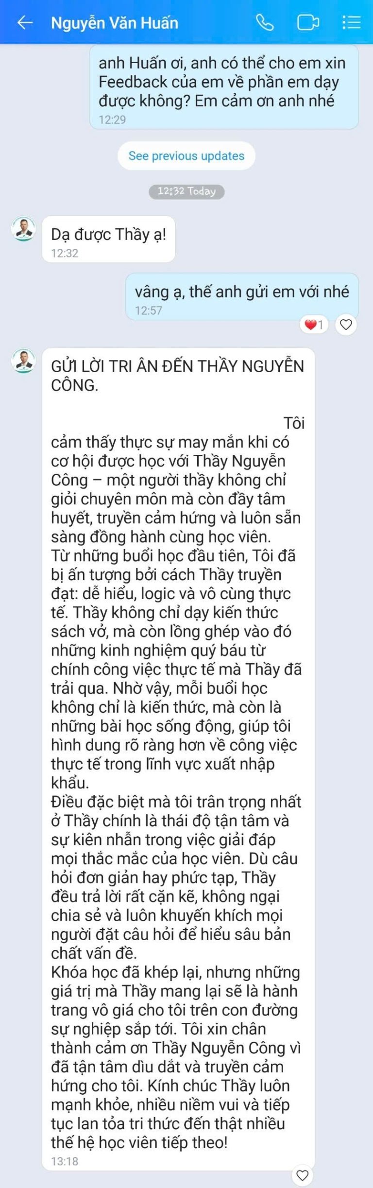 Tin nhắn Zalo - học viên GREENTRI chia sẻ cảm nhận về khóa học (1)