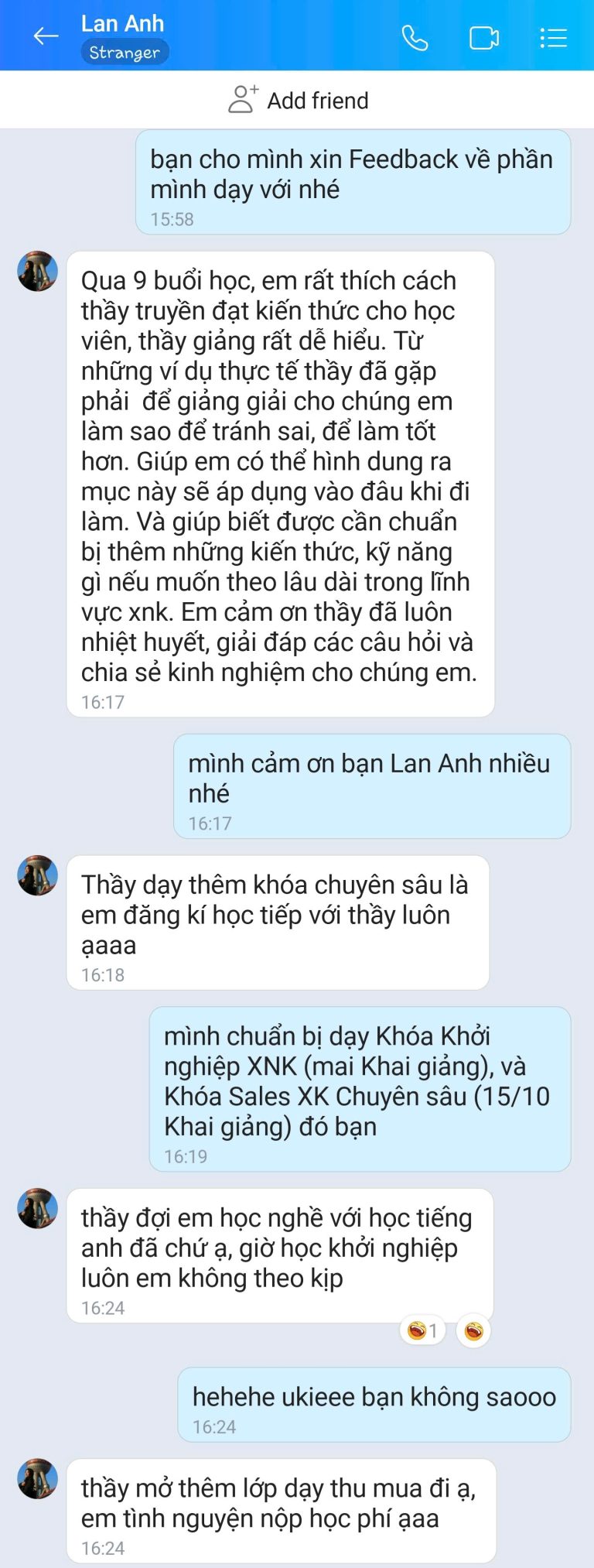 Feedback học viên Zalo 40 - tin nhắn phản hồi của học viên