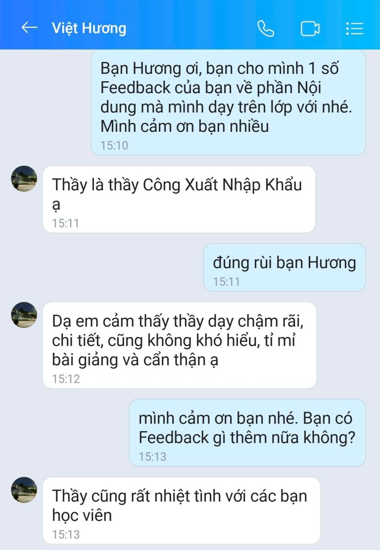 Feedback học viên Zalo 41 - tin nhắn phản hồi của học viên