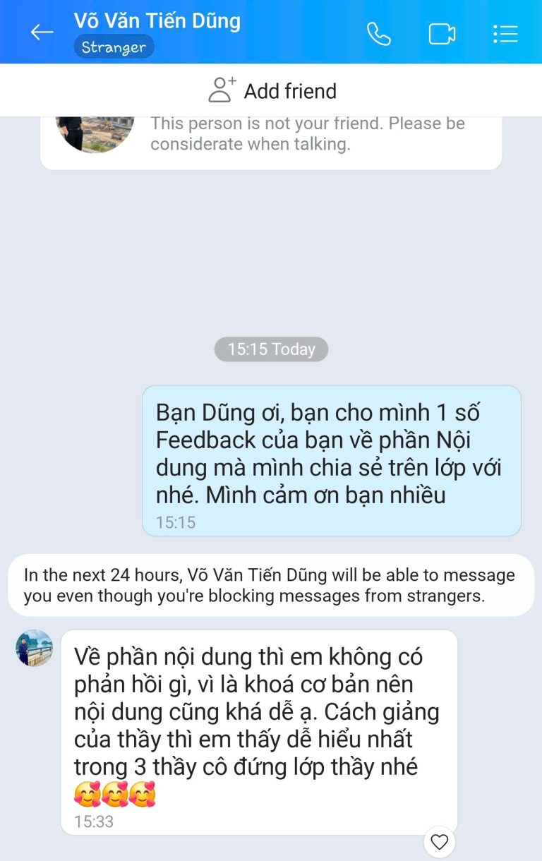 Feedback học viên Zalo 42 - tin nhắn phản hồi của học viên