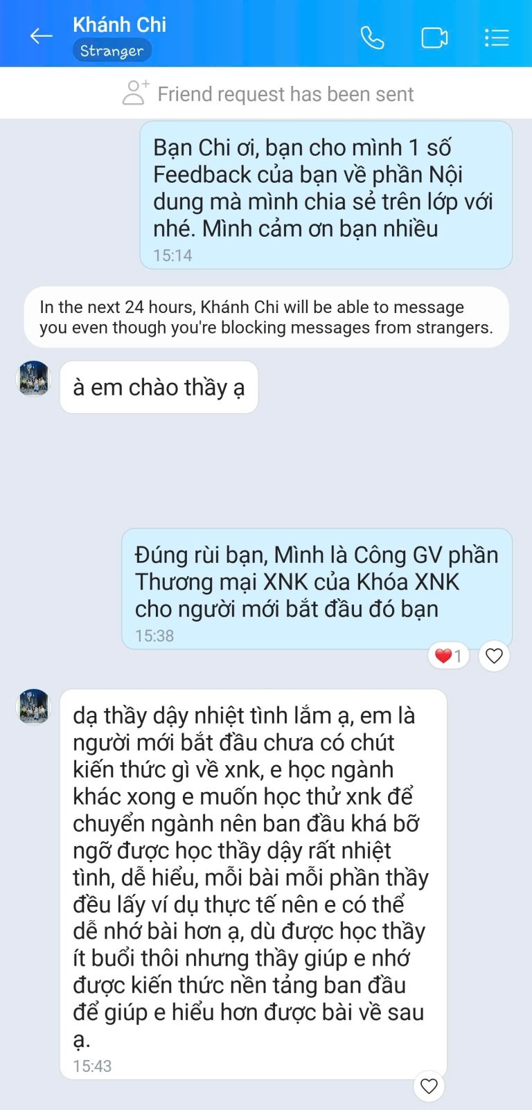 Feedback học viên Zalo 43 - tin nhắn phản hồi của học viên