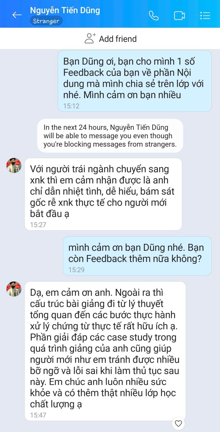 Feedback học viên Zalo 44 - tin nhắn phản hồi của học viên