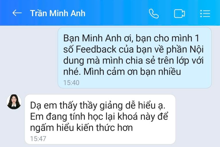 Feedback học viên Zalo 45 - tin nhắn phản hồi của học viên