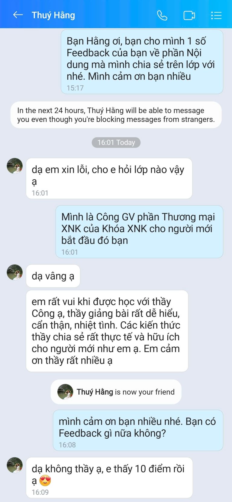 Feedback học viên Zalo 46 - tin nhắn phản hồi của học viên