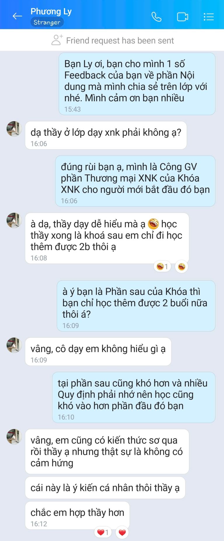 Feedback học viên Zalo 47 - tin nhắn phản hồi của học viên
