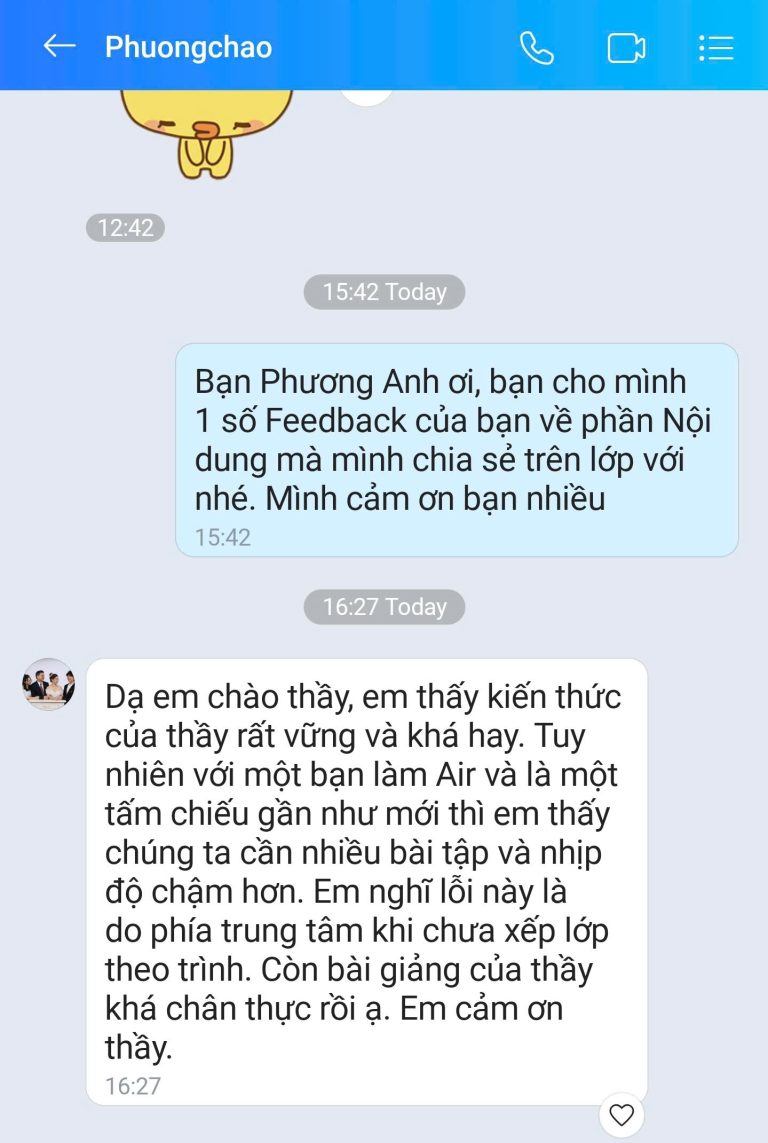 Feedback học viên Zalo 48 - tin nhắn phản hồi của học viên