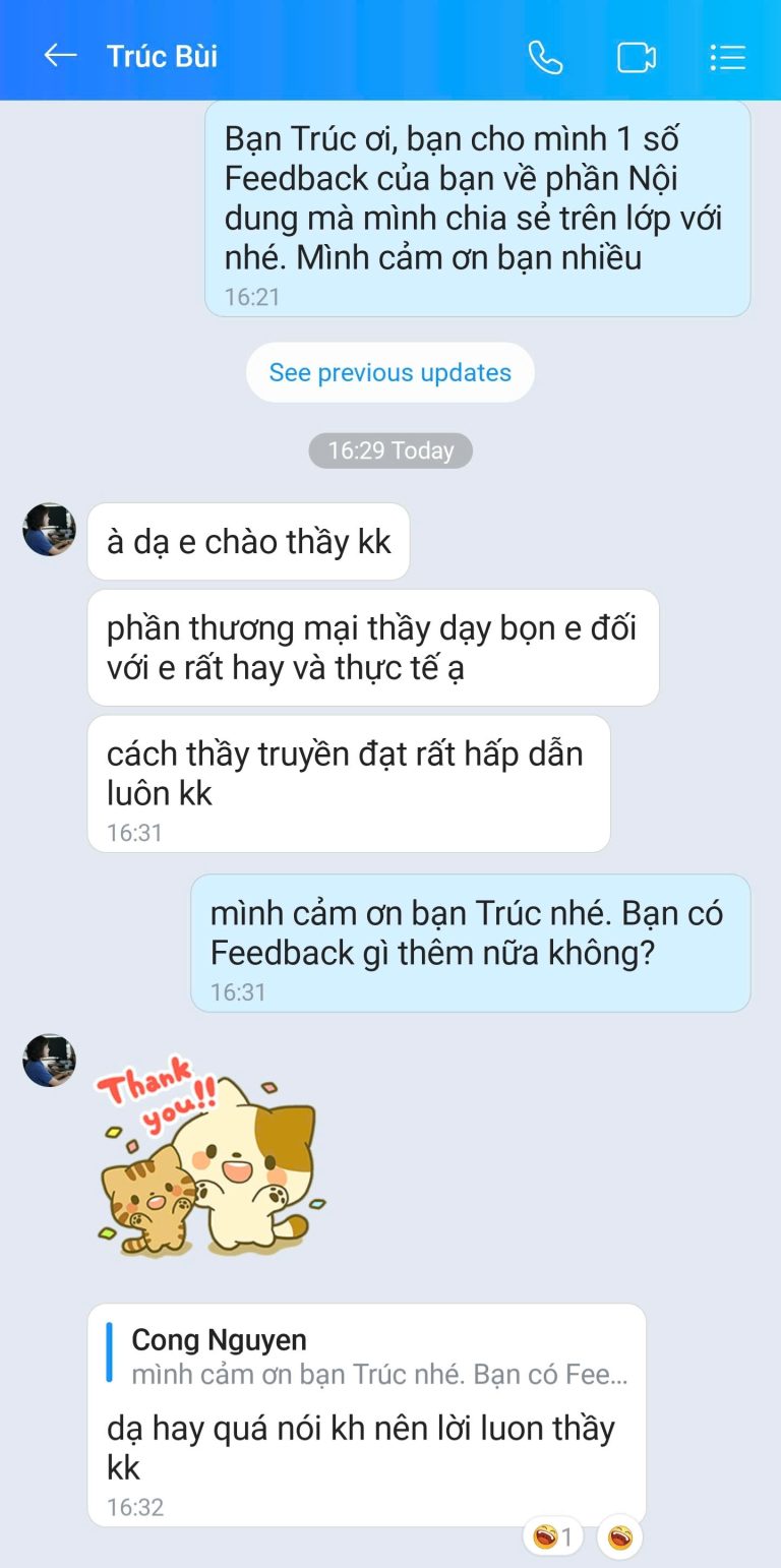 Feedback học viên Zalo 50 - tin nhắn phản hồi của học viên