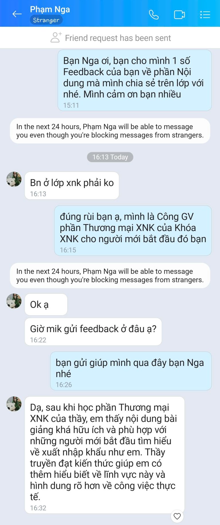 Feedback học viên Zalo 51 - tin nhắn phản hồi của học viên