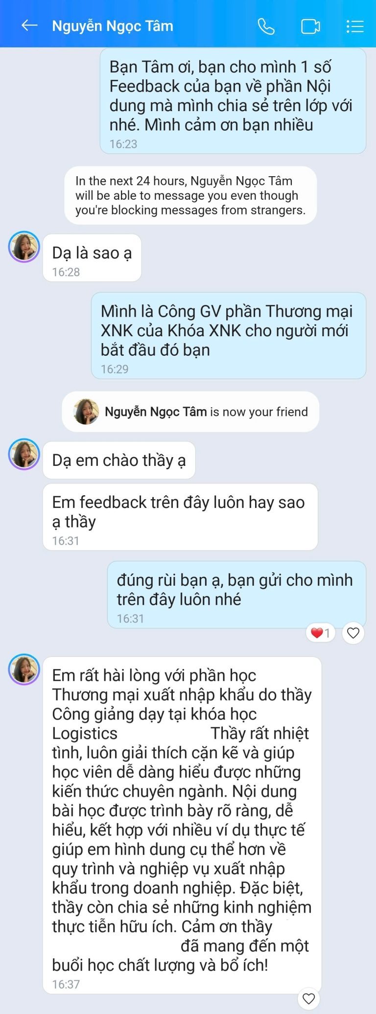 Feedback học viên Zalo 52 - tin nhắn phản hồi của học viên