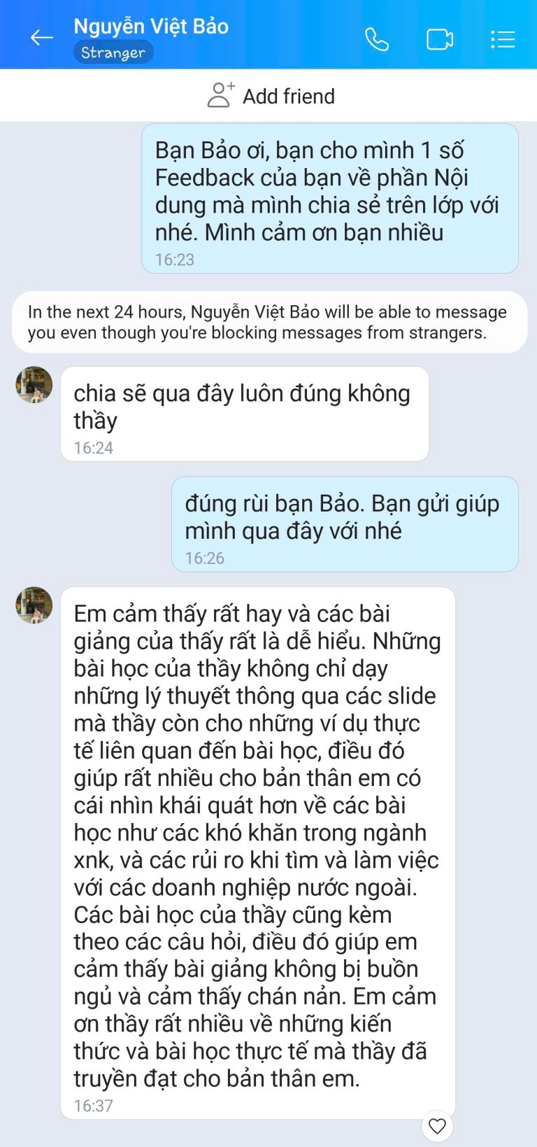 Feedback học viên Zalo 53 - tin nhắn phản hồi của học viên
