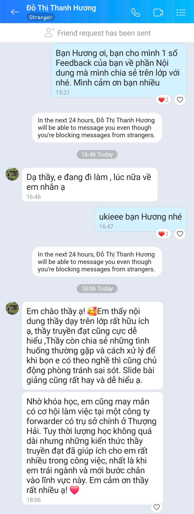 Feedback học viên Zalo 54 - tin nhắn phản hồi của học viên