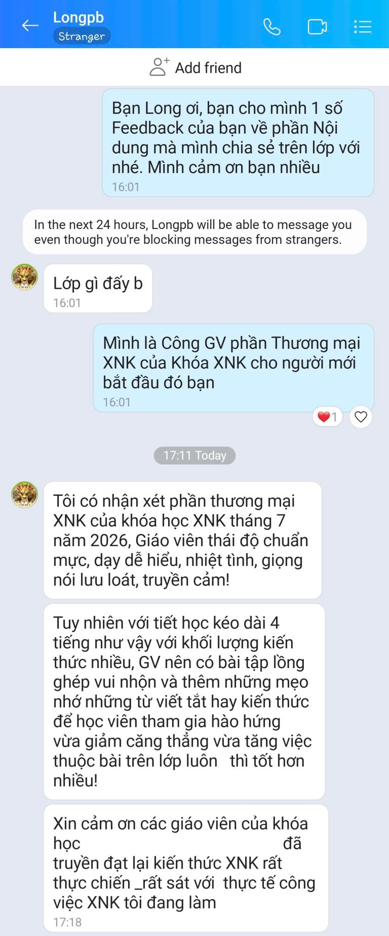 Feedback học viên Zalo 55 - tin nhắn phản hồi của học viên