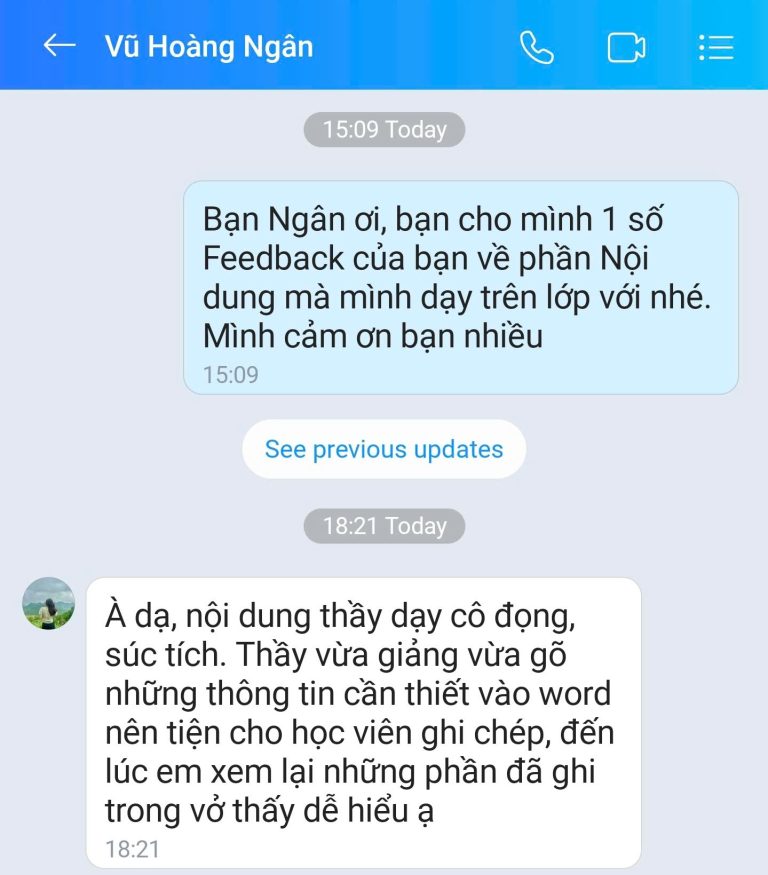 Feedback học viên Zalo 56 - tin nhắn phản hồi của học viên