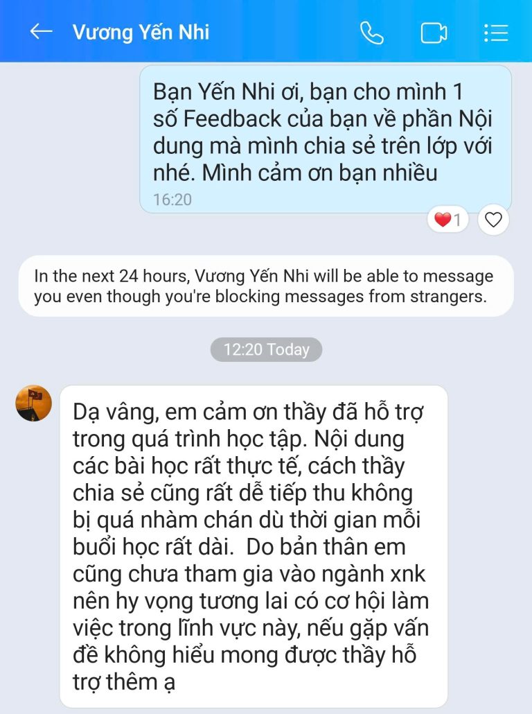Feedback học viên Zalo 59 - tin nhắn phản hồi của học viên