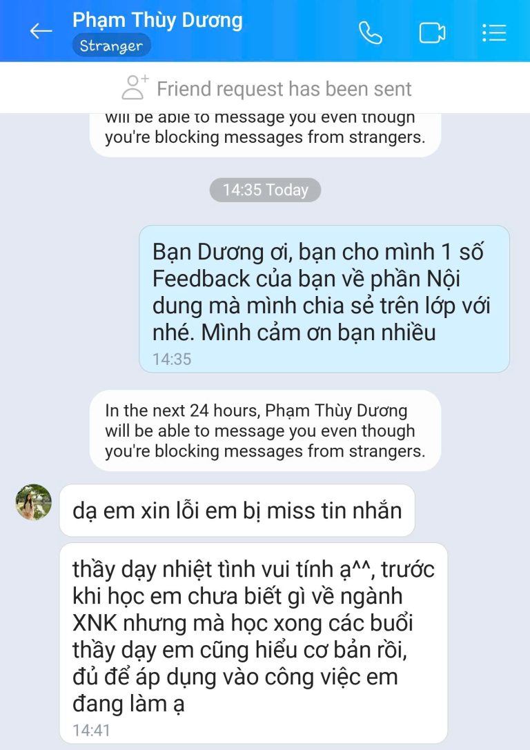 Feedback học viên Zalo 60 - tin nhắn phản hồi của học viên