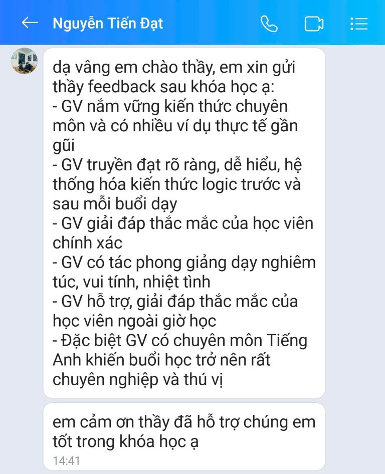 Feedback học viên Zalo 61 - tin nhắn phản hồi của học viên
