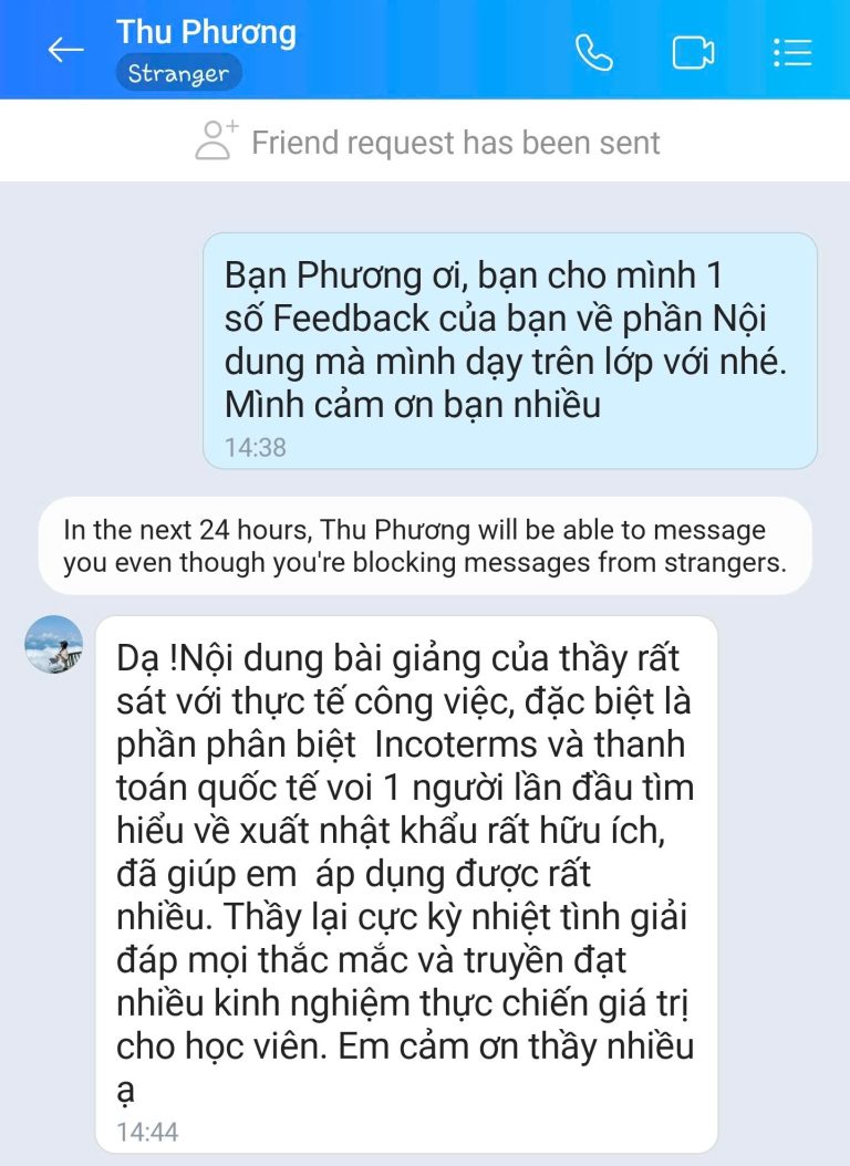 Feedback học viên Zalo 62 - tin nhắn phản hồi của học viên