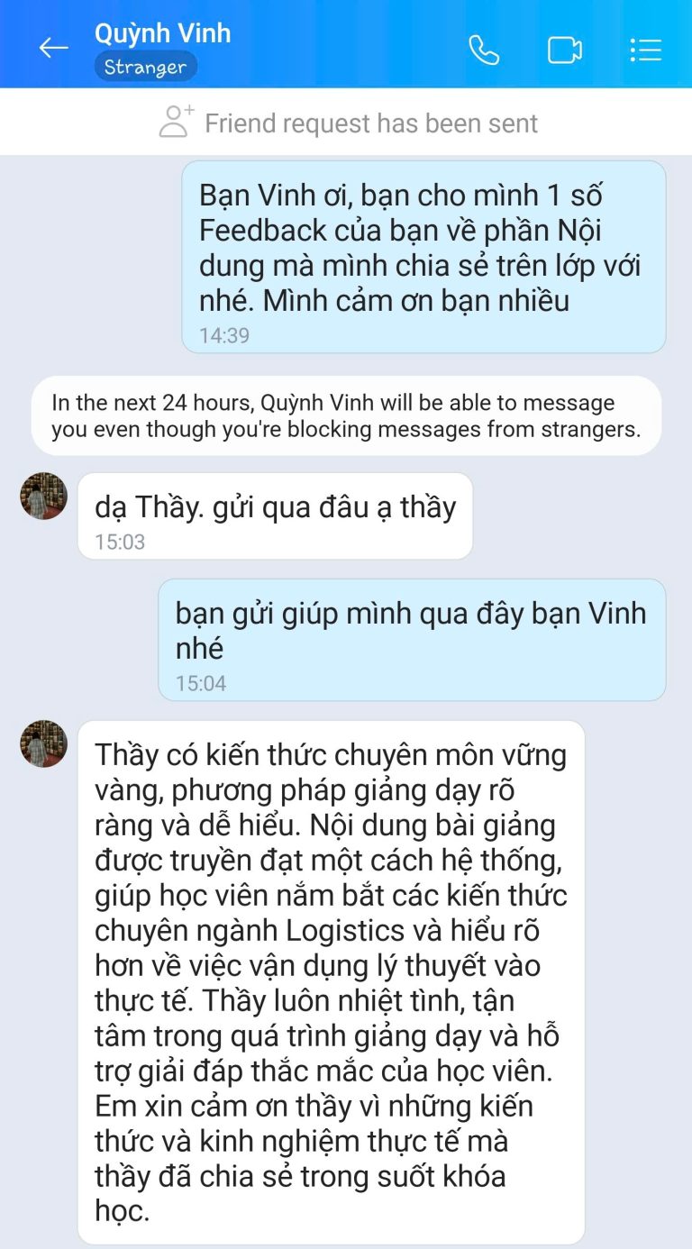 Feedback học viên Zalo 63 - tin nhắn phản hồi của học viên