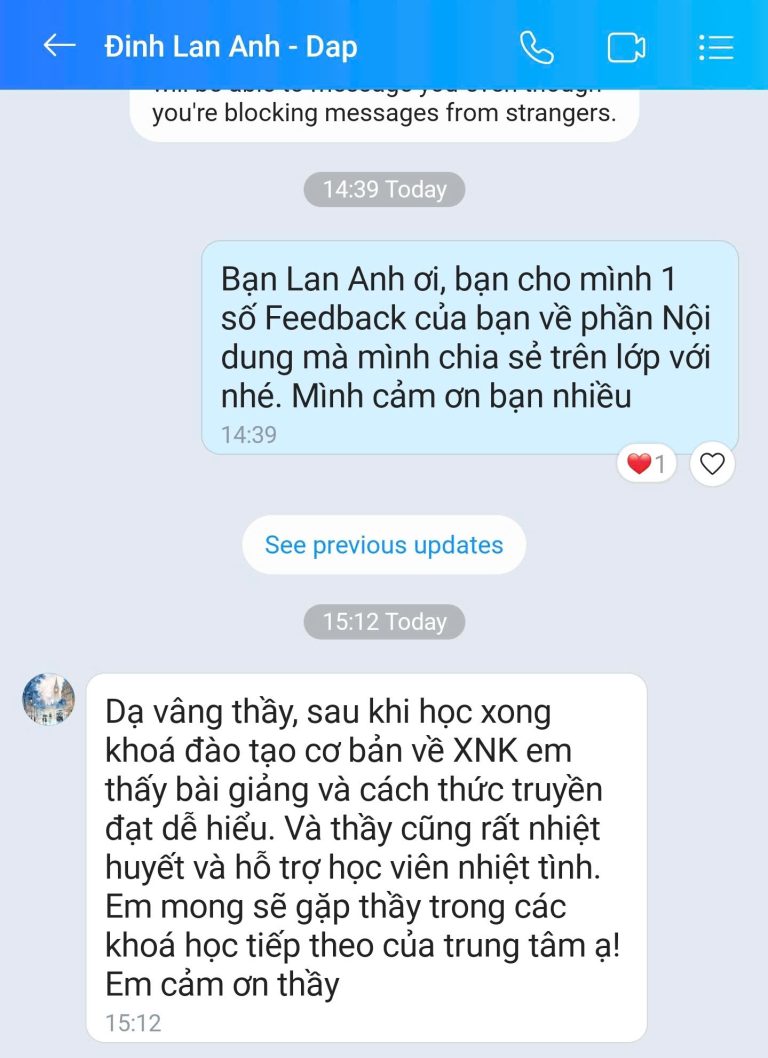 Feedback học viên Zalo 64 - tin nhắn phản hồi của học viên