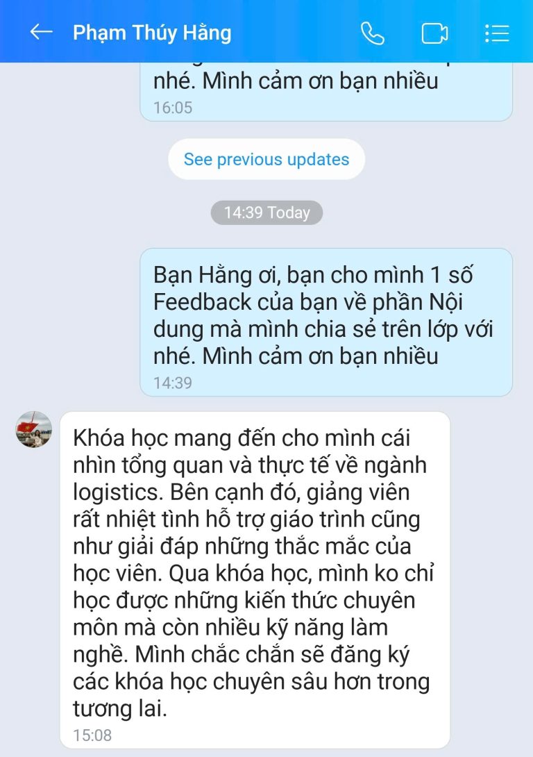 Feedback học viên Zalo 65 - tin nhắn phản hồi của học viên