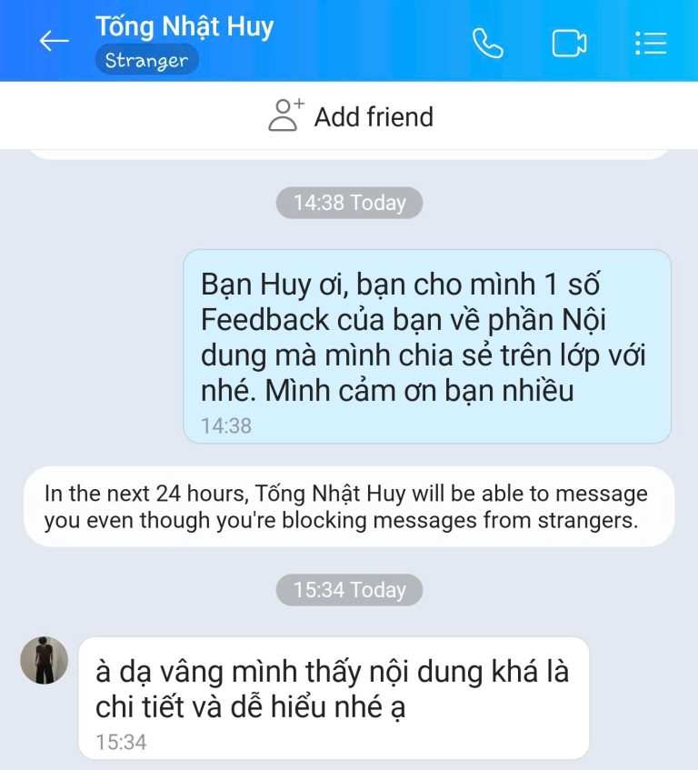 Feedback học viên Zalo 66 - tin nhắn phản hồi của học viên