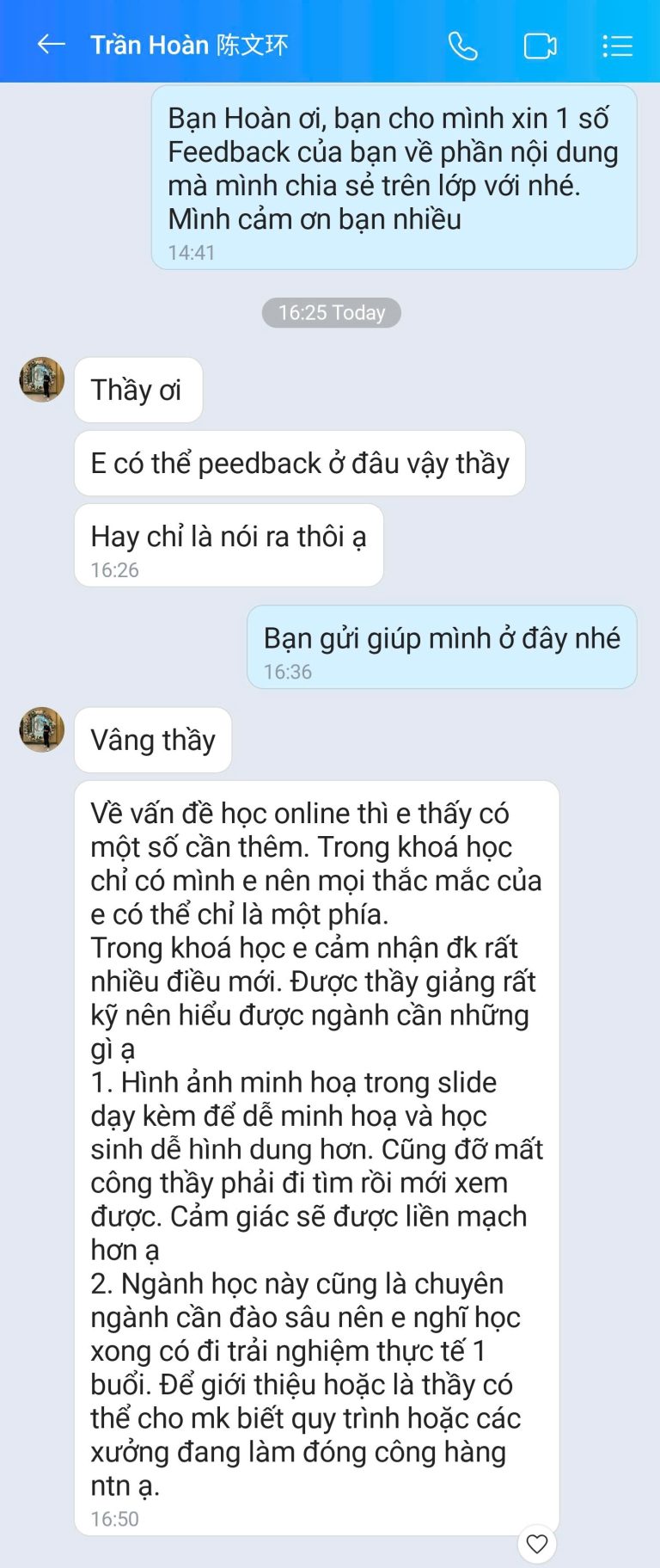 Feedback học viên Zalo 67 - tin nhắn phản hồi của học viên