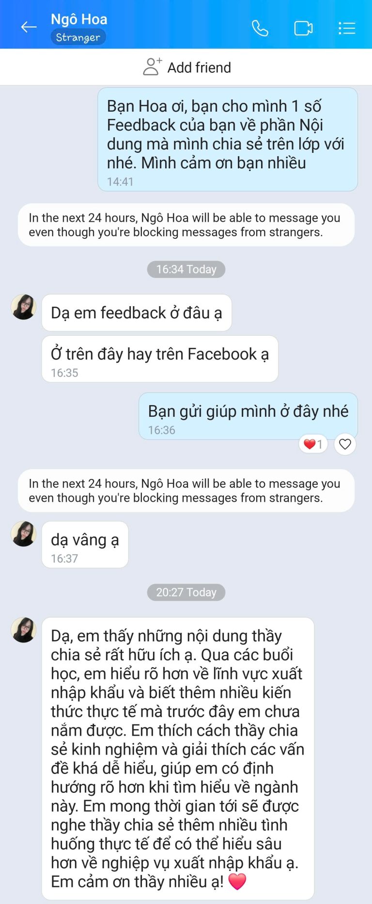 Feedback học viên Zalo 68 - tin nhắn phản hồi của học viên