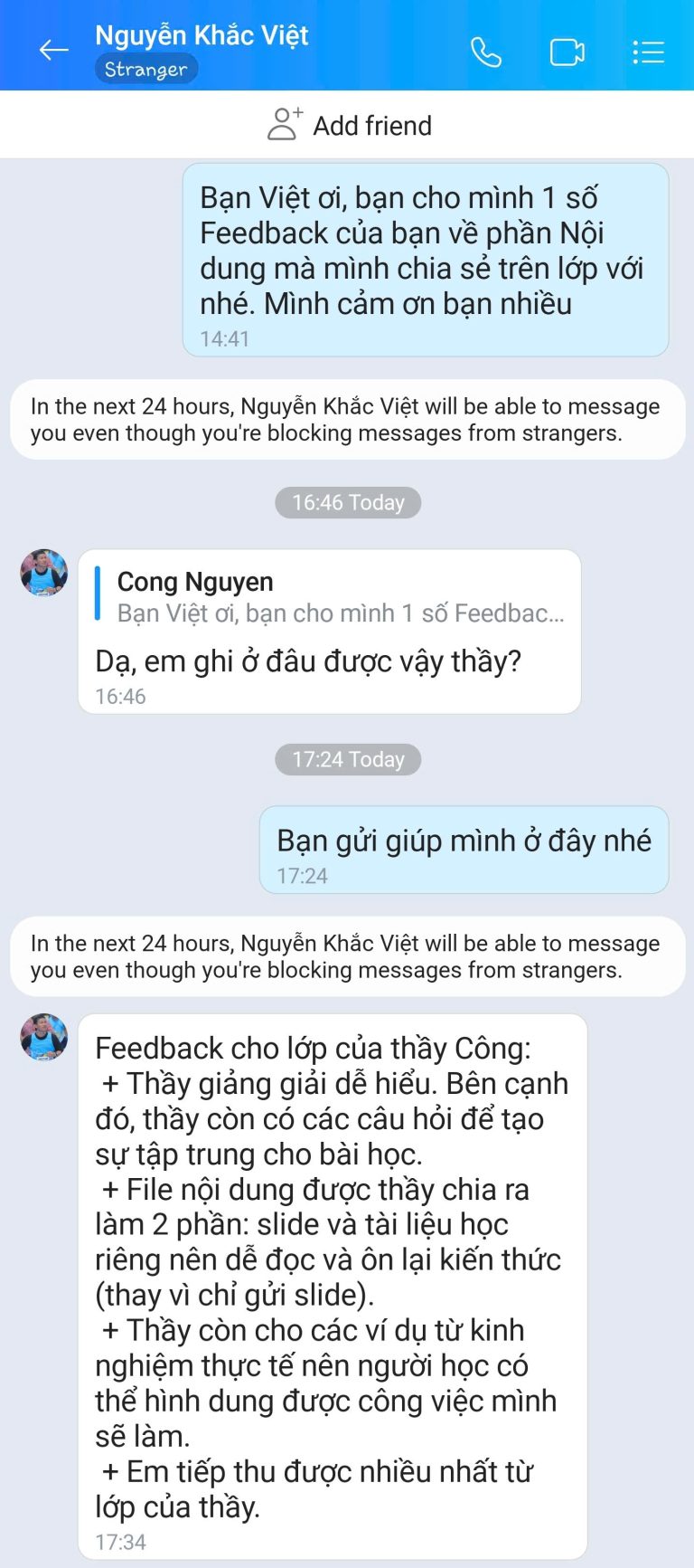 Feedback học viên Zalo 69 - tin nhắn phản hồi của học viên
