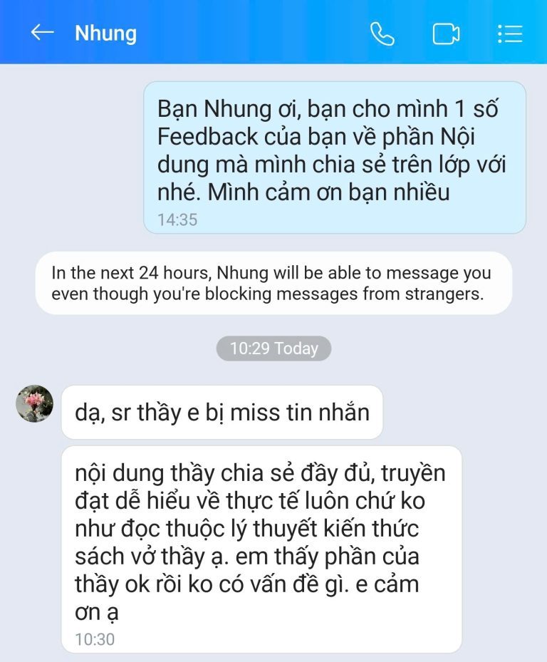 Feedback học viên Zalo 70 - tin nhắn phản hồi của học viên