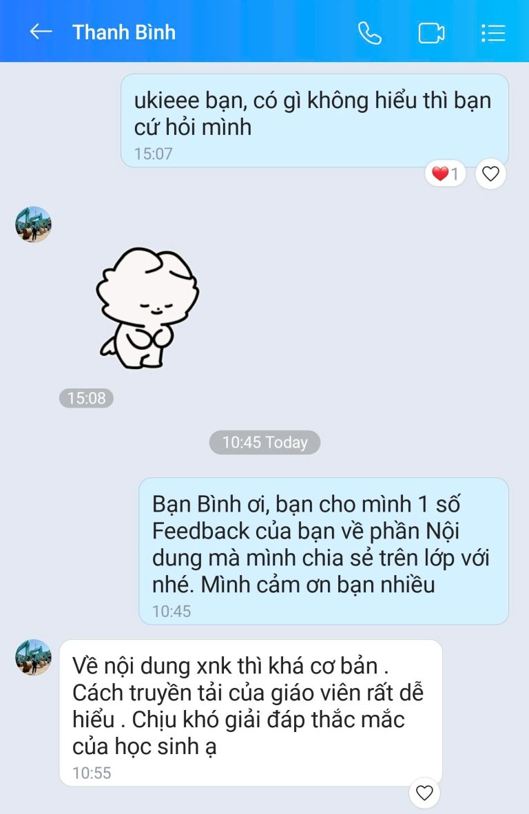 Feedback học viên Zalo 71 - tin nhắn phản hồi của học viên
