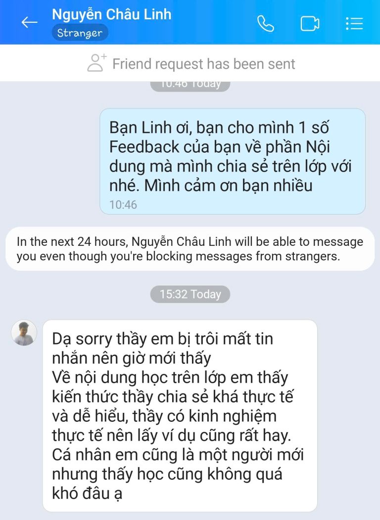 Feedback học viên Zalo 72 - tin nhắn phản hồi của học viên