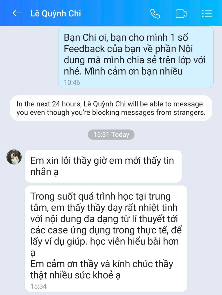 Feedback học viên Zalo 73 - tin nhắn phản hồi của học viên