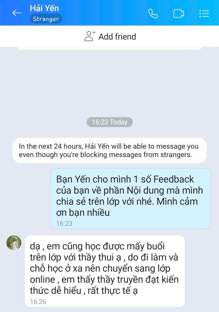 Feedback học viên Zalo 74 - tin nhắn phản hồi của học viên