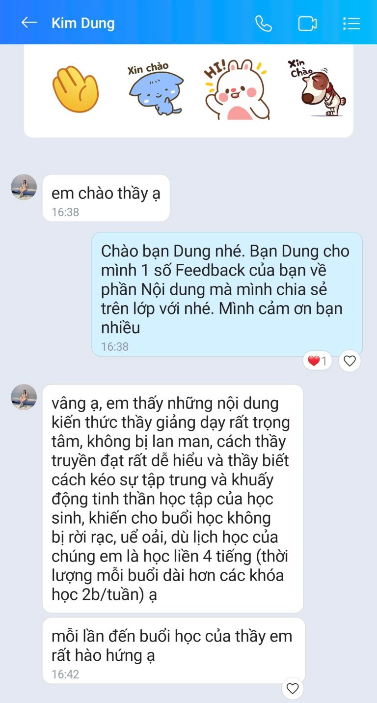 Feedback học viên Zalo 76 - tin nhắn phản hồi của học viên