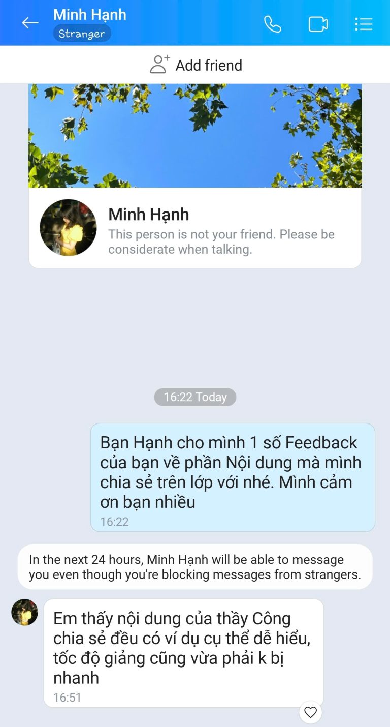 Feedback học viên Zalo 78 - tin nhắn phản hồi của học viên
