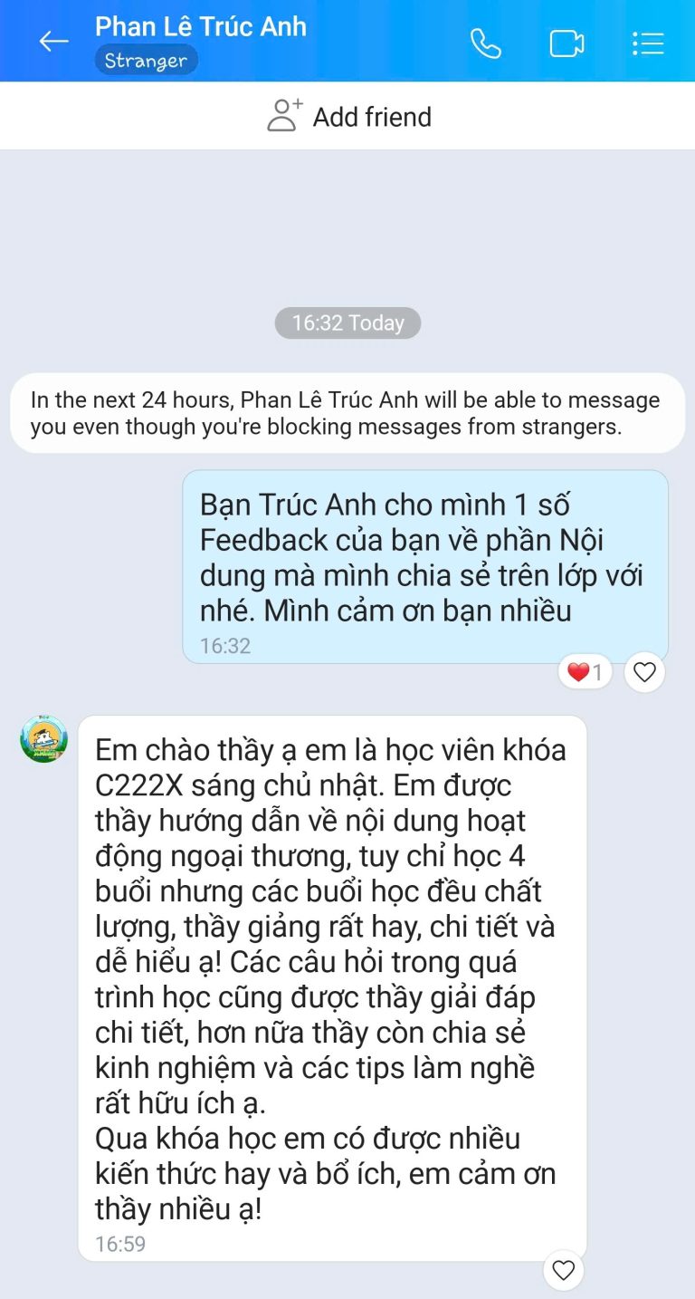 Feedback học viên Zalo 79 - tin nhắn phản hồi của học viên