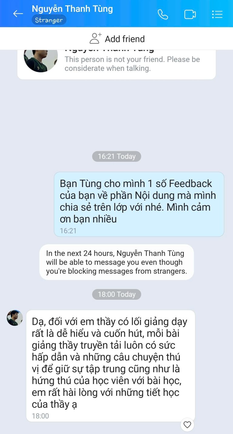 Feedback học viên Zalo 81 - tin nhắn phản hồi của học viên