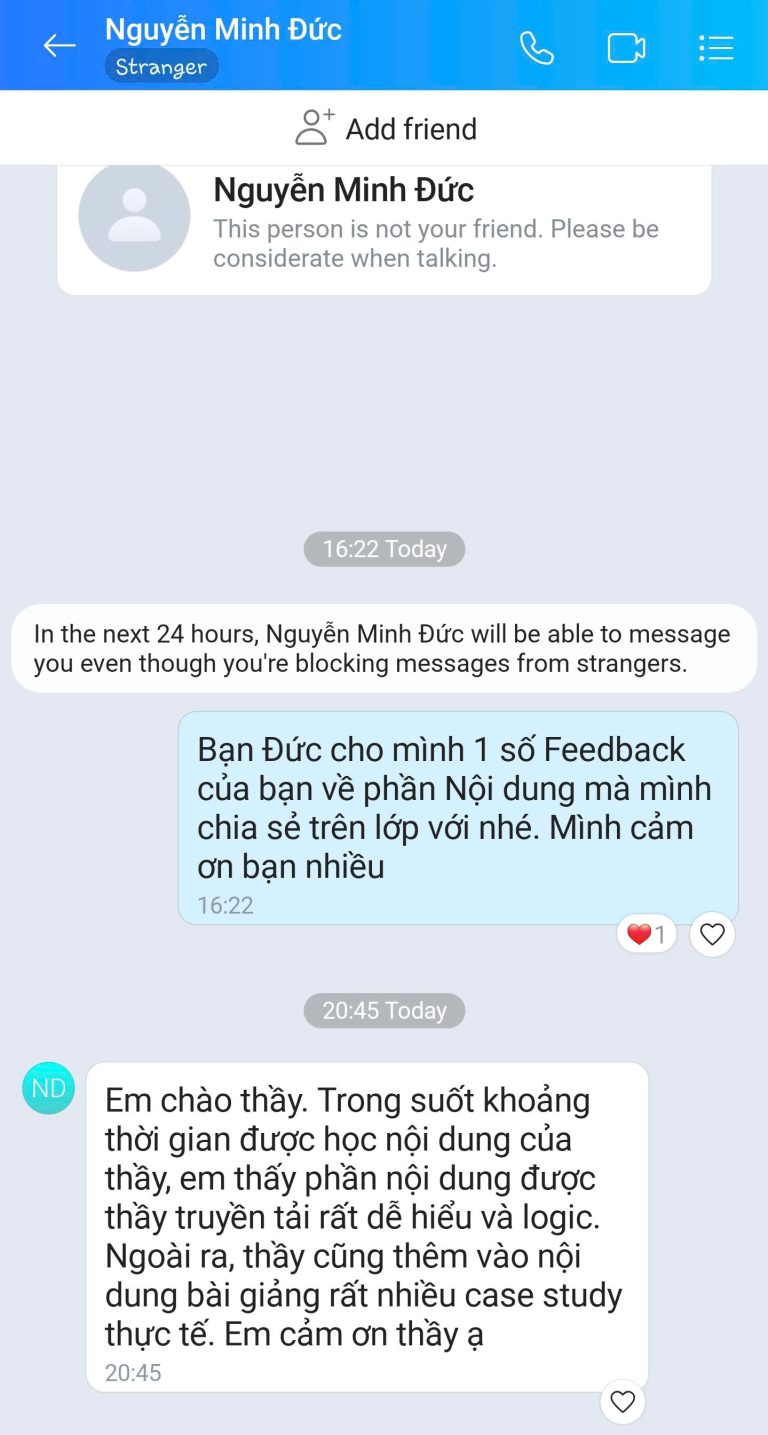 Feedback học viên Zalo 82 - tin nhắn phản hồi của học viên